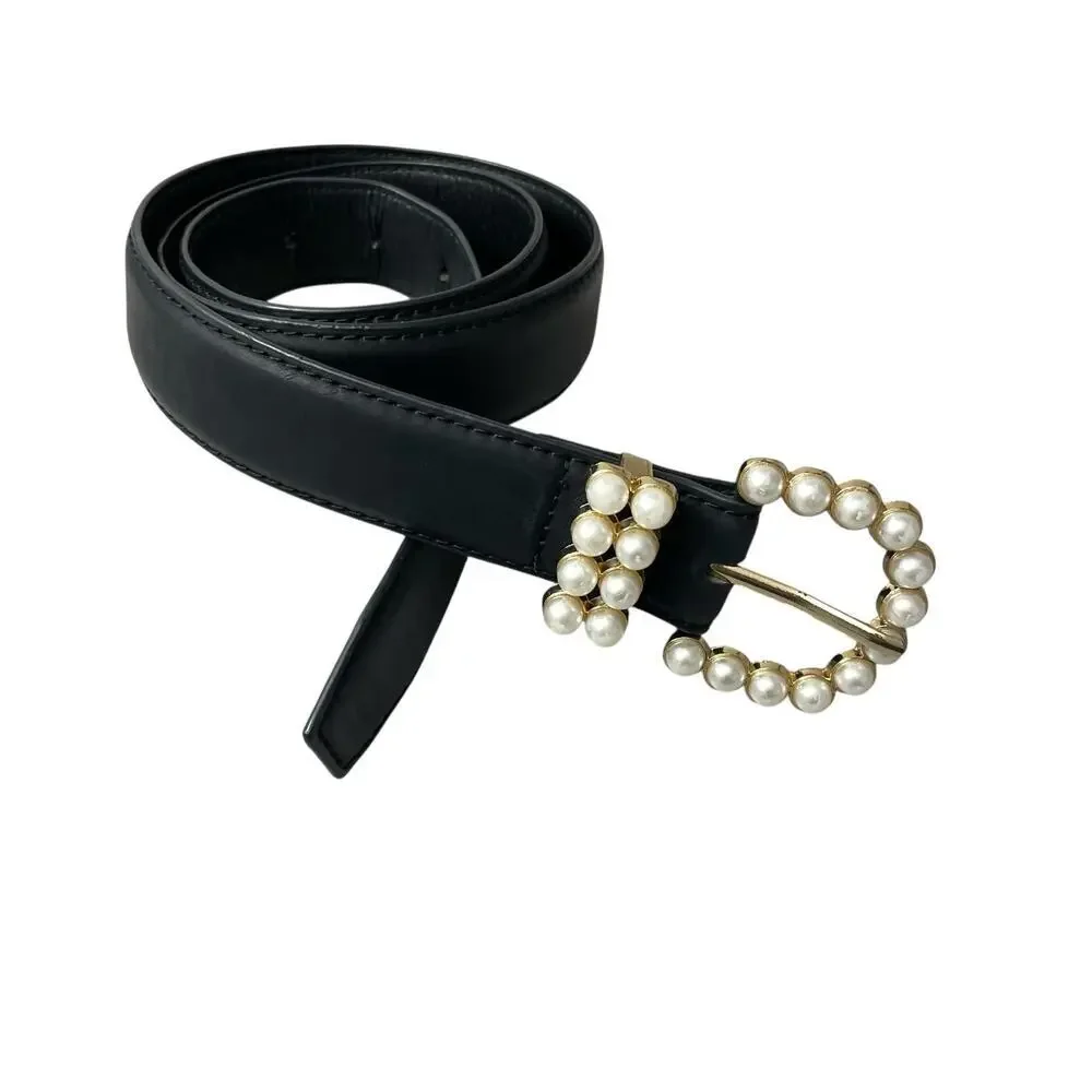 LP Blue Belt Womens Medium Black Vegan Leather Faux Pearl Buckle 1.25in Classic
